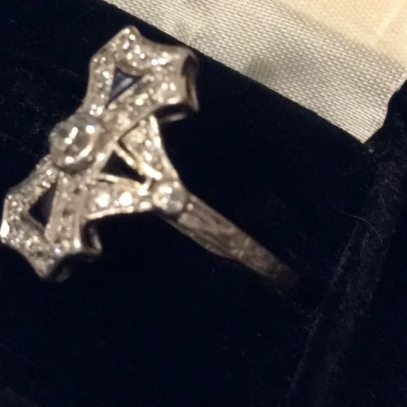 Vintage Art Deco Euro Diamond & Sapphire Ring sz 8 - Picture 8 of 10